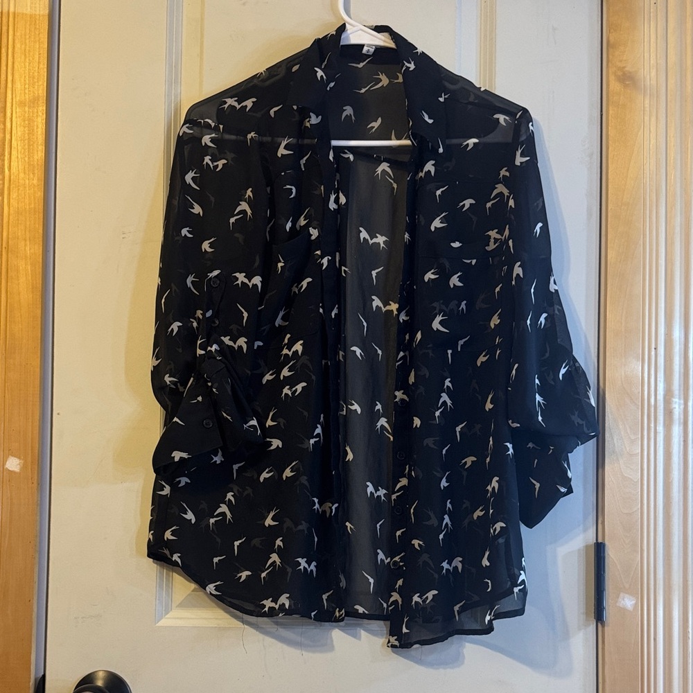 Express Black Sheer Blouse with Bird Pattern